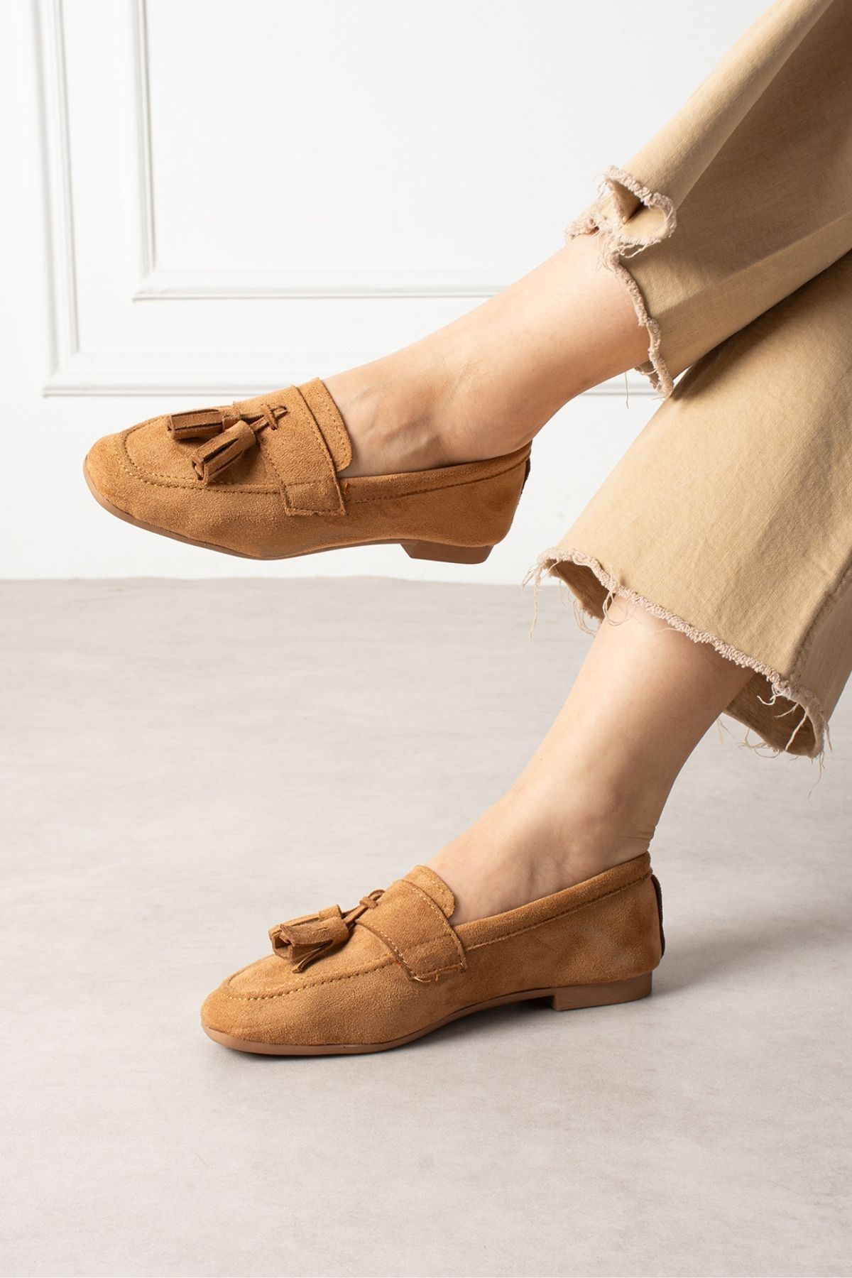 FUGA MODA Savona Taba Süet Püskül Detaylı Loafer Babet Günlük Ayakkabı