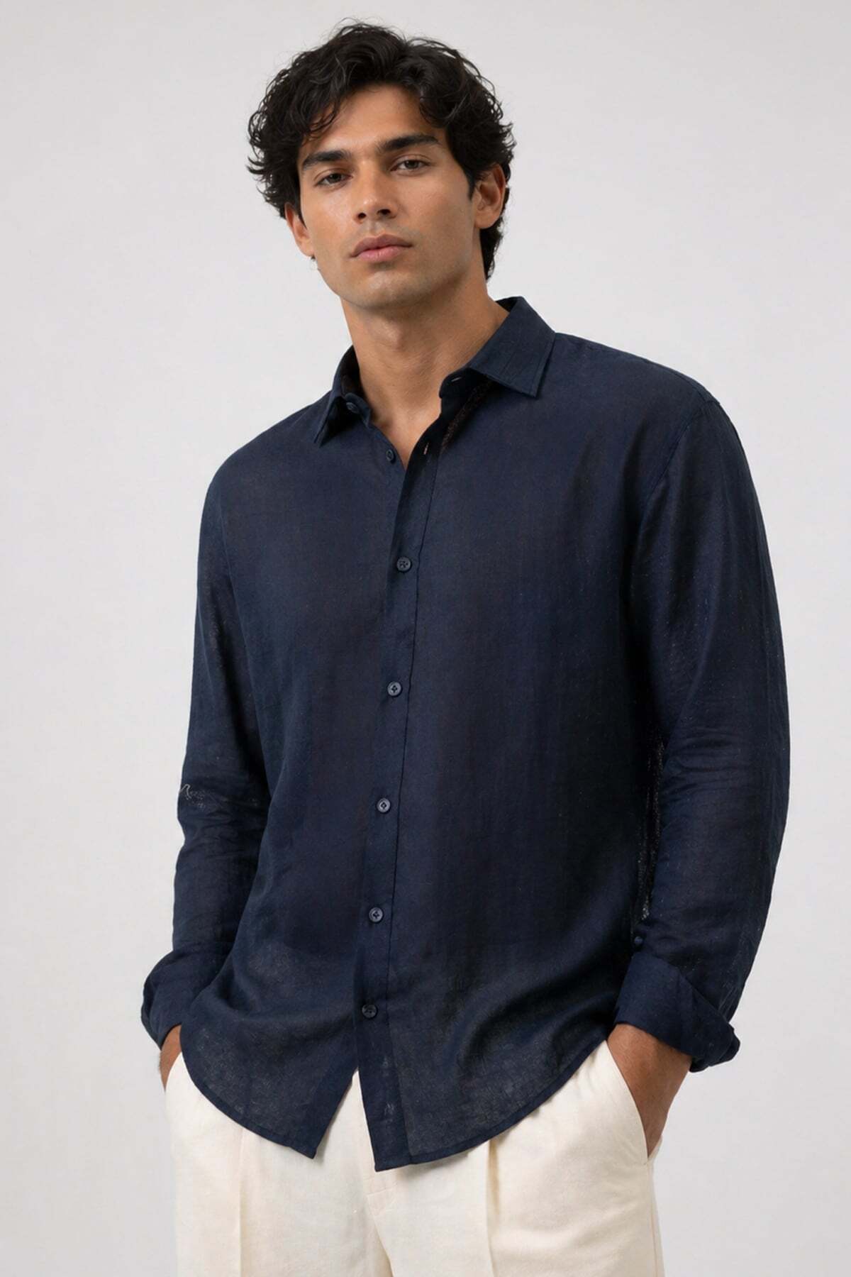 Men's Navy Blue Normal Cut Regular Fit 100% Cotton Classic Collar Shirt