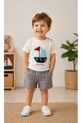 çıtır kids wear Erkek Bebek Ve Çocuk Yelken Baskılı Müslin Kumaş Takım