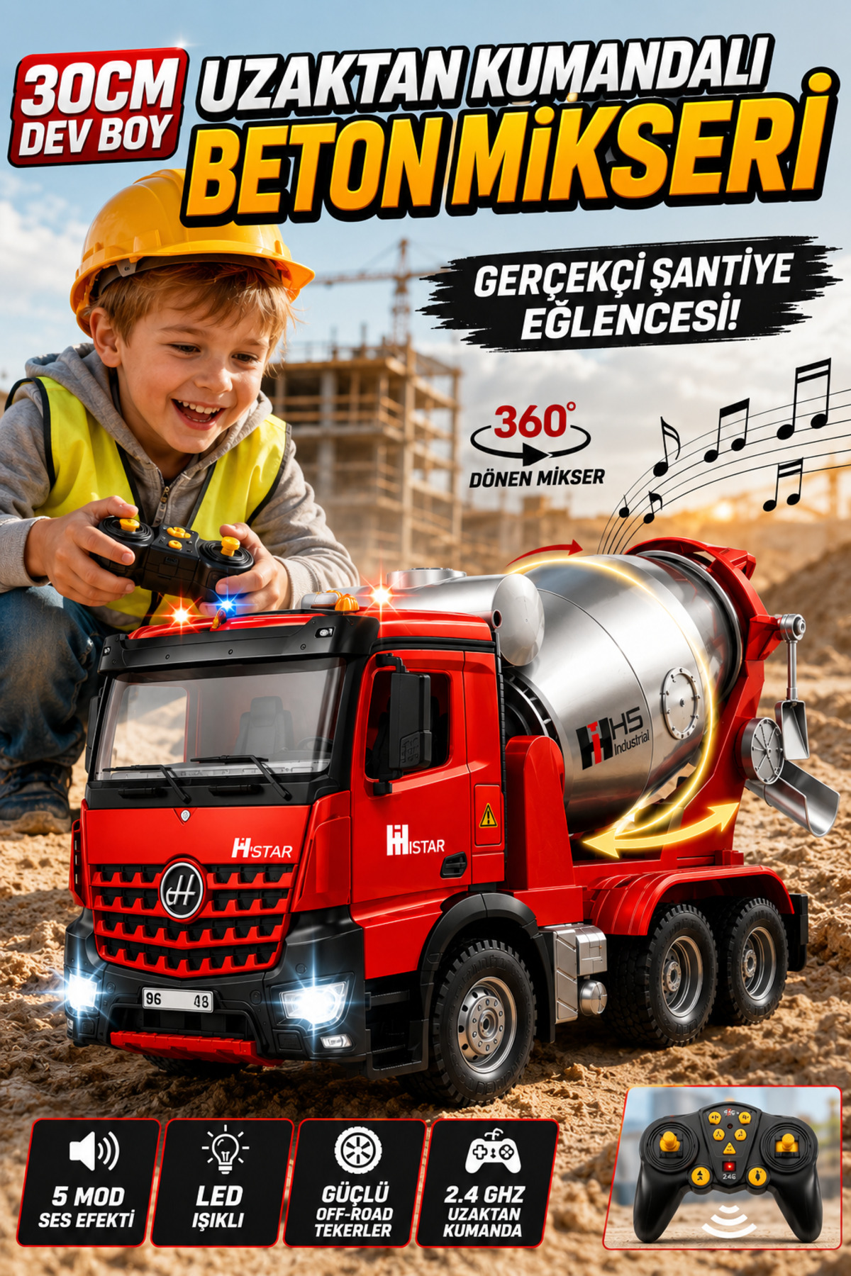 YILDIRIM OYUNCAK Uzaktan Kumandalı Beton Mikseri Full Fonksiyon