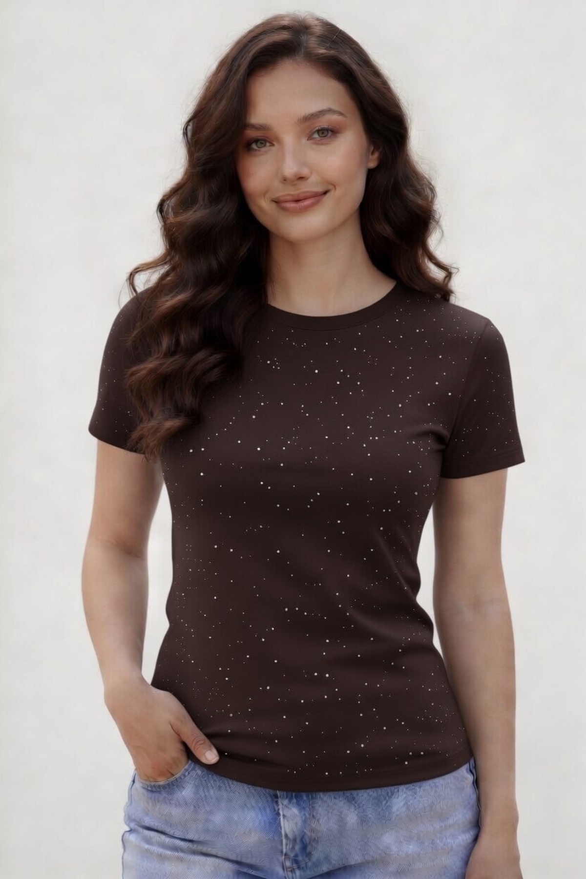 Women's Stone Embroidered Finger Detail Stretchy Modal Fabric Brown Blouse