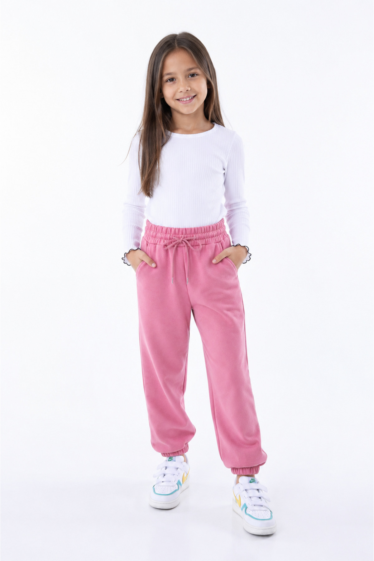 Girls-Boy Pink Elastic Waist Leg Pants Jogger Pants with Elastic Pockets