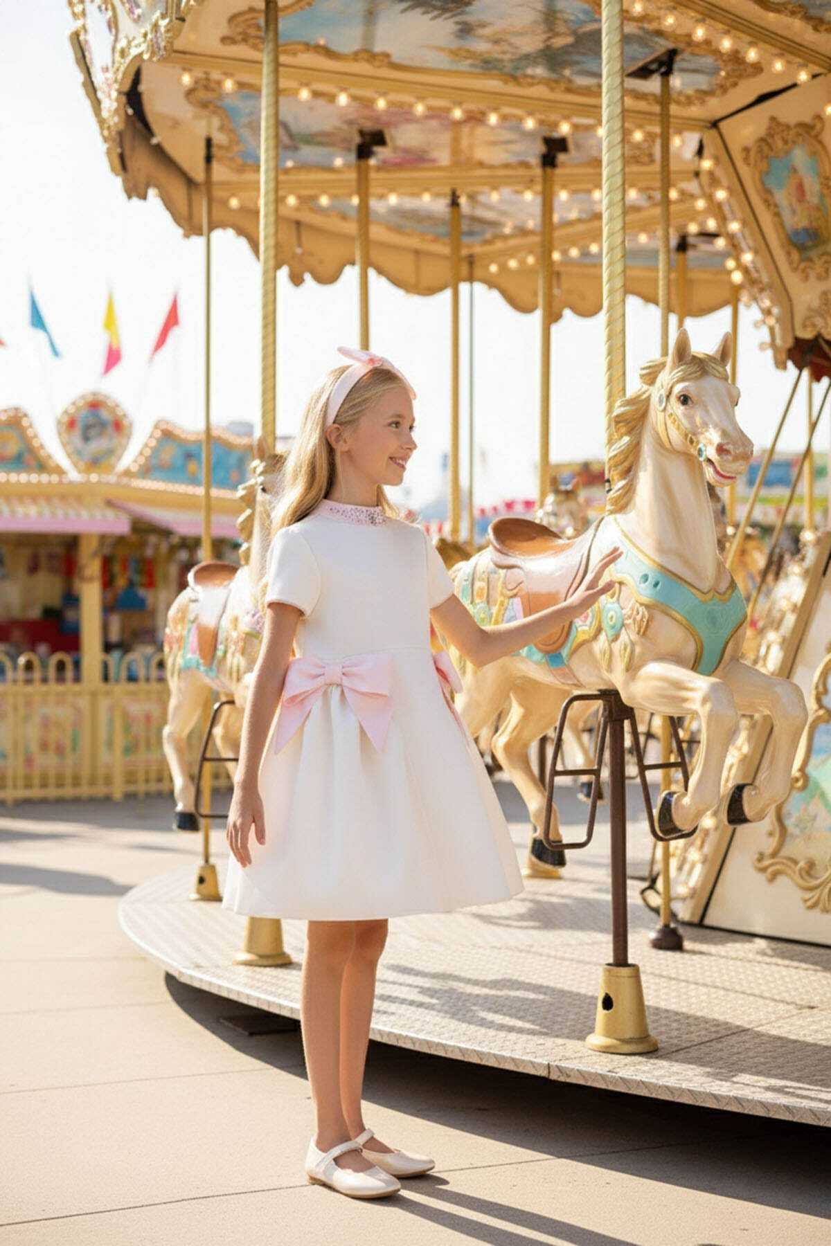 Pamina 3-7 Yaş Kız Çocuk Abiye Elbise Düğün Doğum Günü Modeli Ekru Yakası Taş Detaylı-3 Y