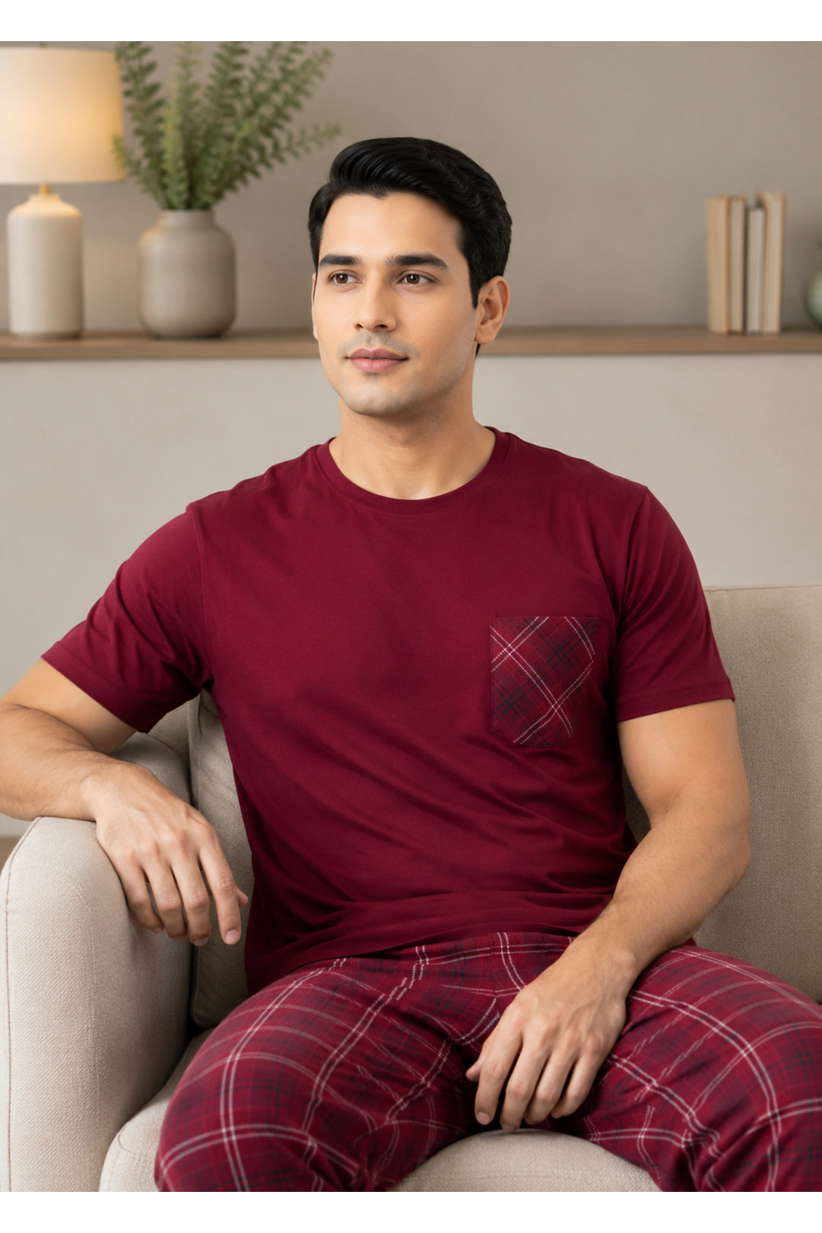 Sude HOMEWEAR Erkek Ekoseli Kısa Kollu Pijama Takımı