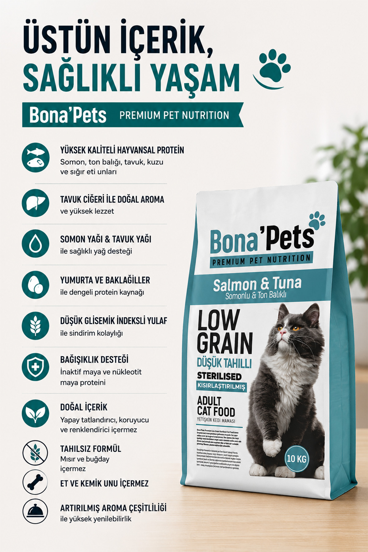 bona pets Bona’Pets Premium Düşük Tahıllı Somonlu ve Ton Balıklı Yetişkin Kedi Maması 10Kg