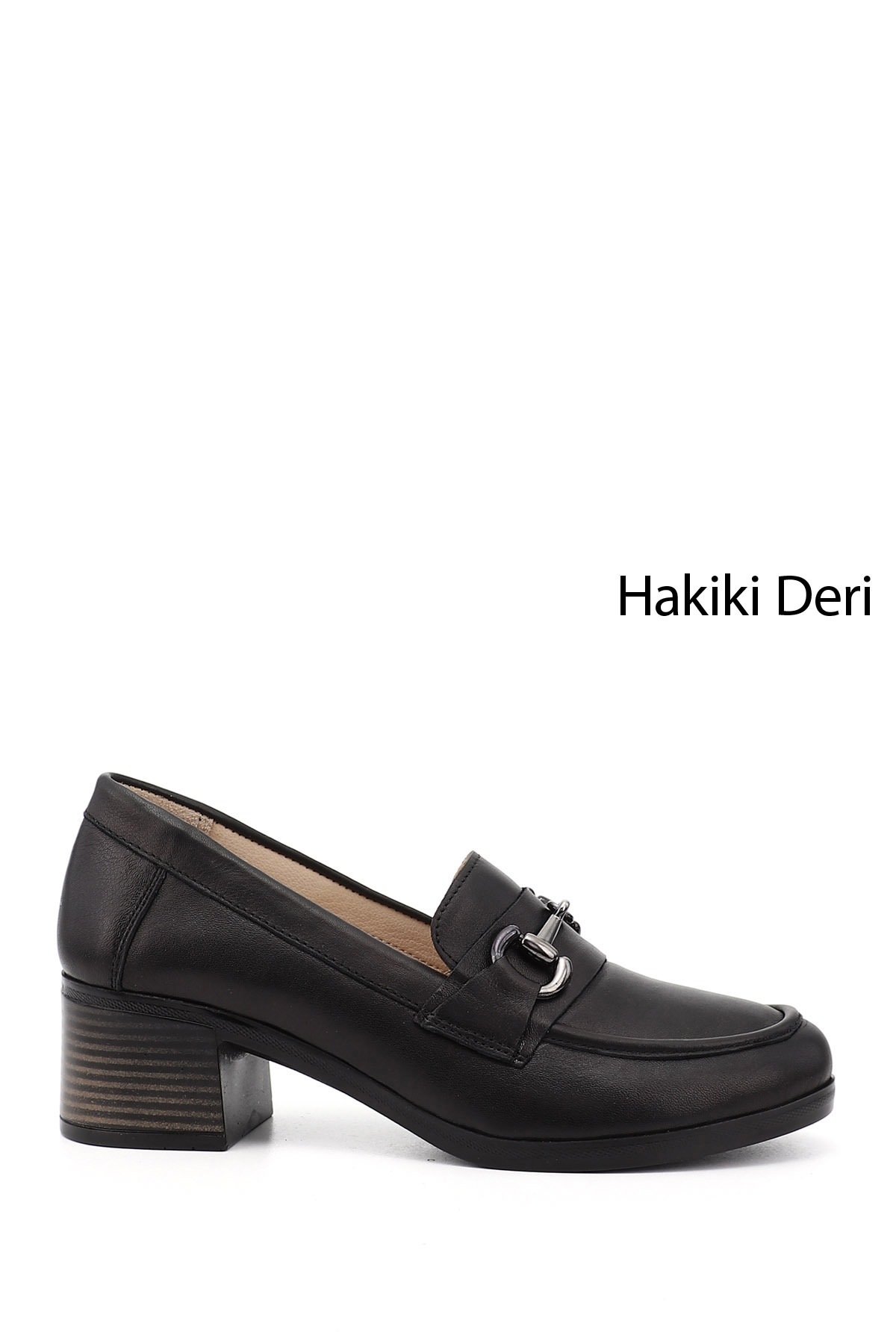 Women's Black Short Thick Heels Genuine Leather Shoes