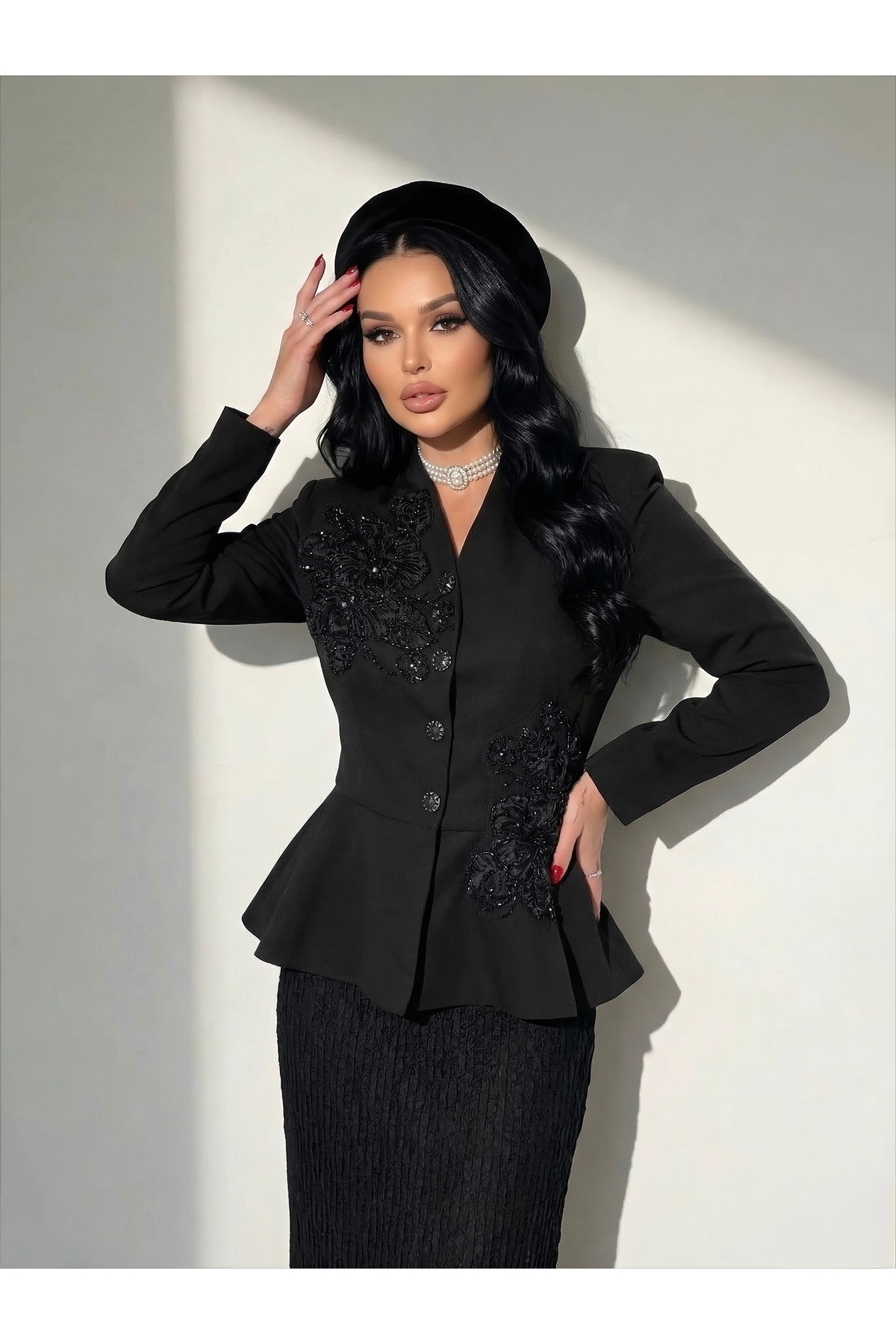 Imported Crepe & Lace Fabric Stonework Rose Pattern Back Ribbon Detail Custom Design Skirt Jacket Set