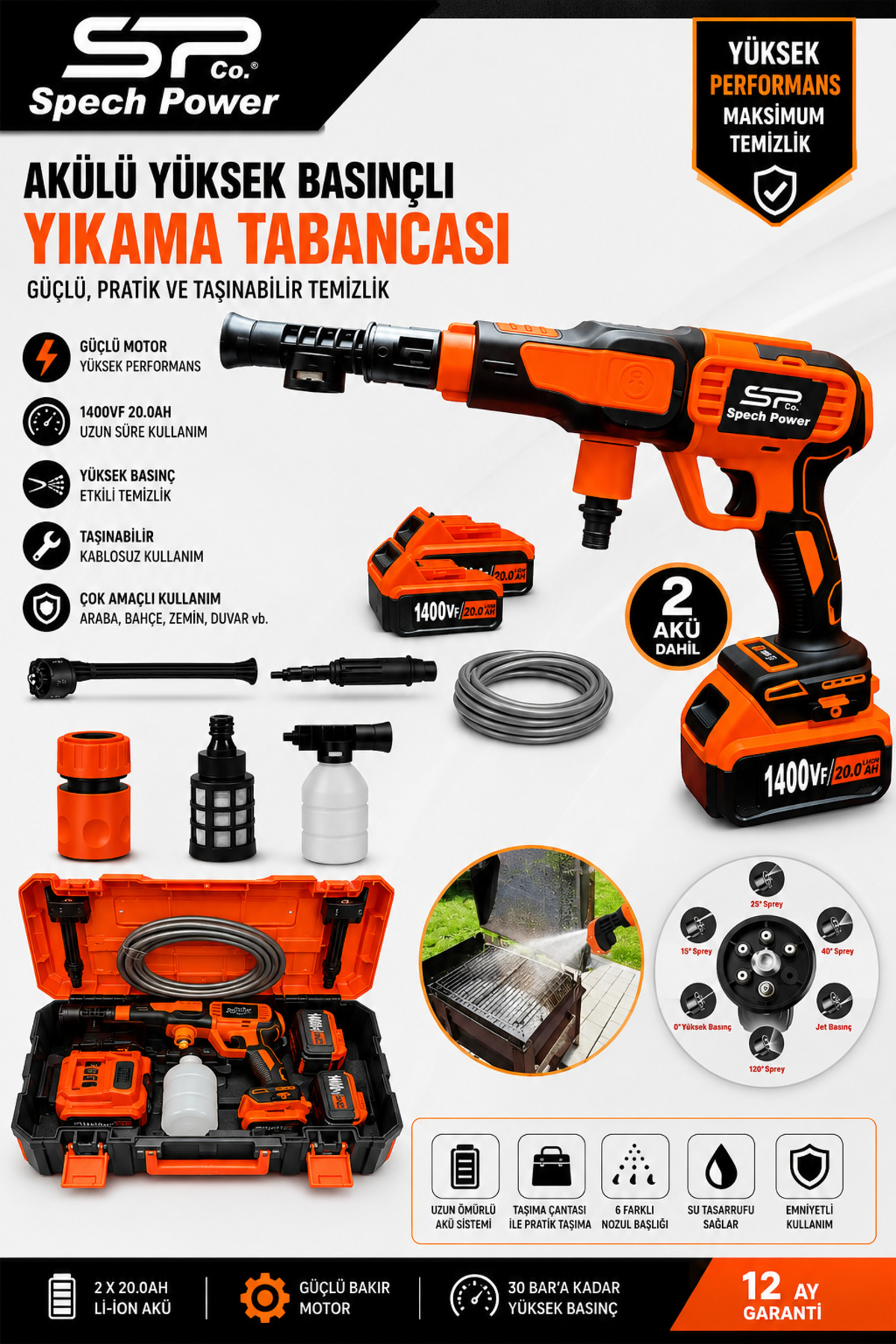 Spech Power Yüksek Basınçlı Kömürsüz Motor Akülü Oto Araba Yıkama