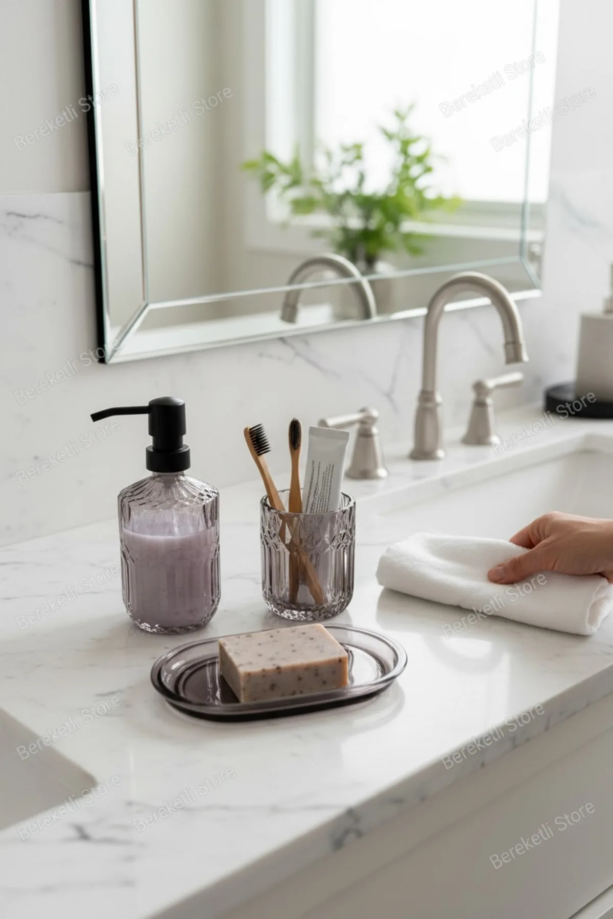 Çizgili Cam Banyo Seti | Sıvı Sabunluk, Diş Fırçalık ve Sabunluk | Şık & Modern Tezgâh Üstü Set
