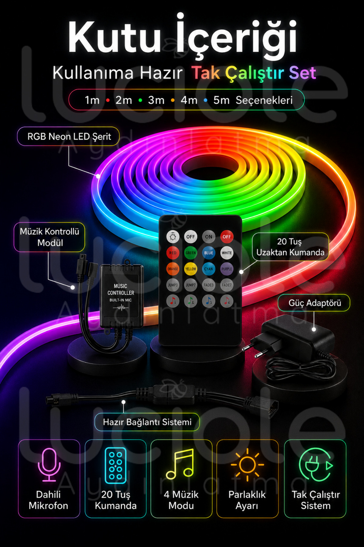 luciole 5 Metre RGB Neon LED Şerit | AuraFlex Serisi | Sese