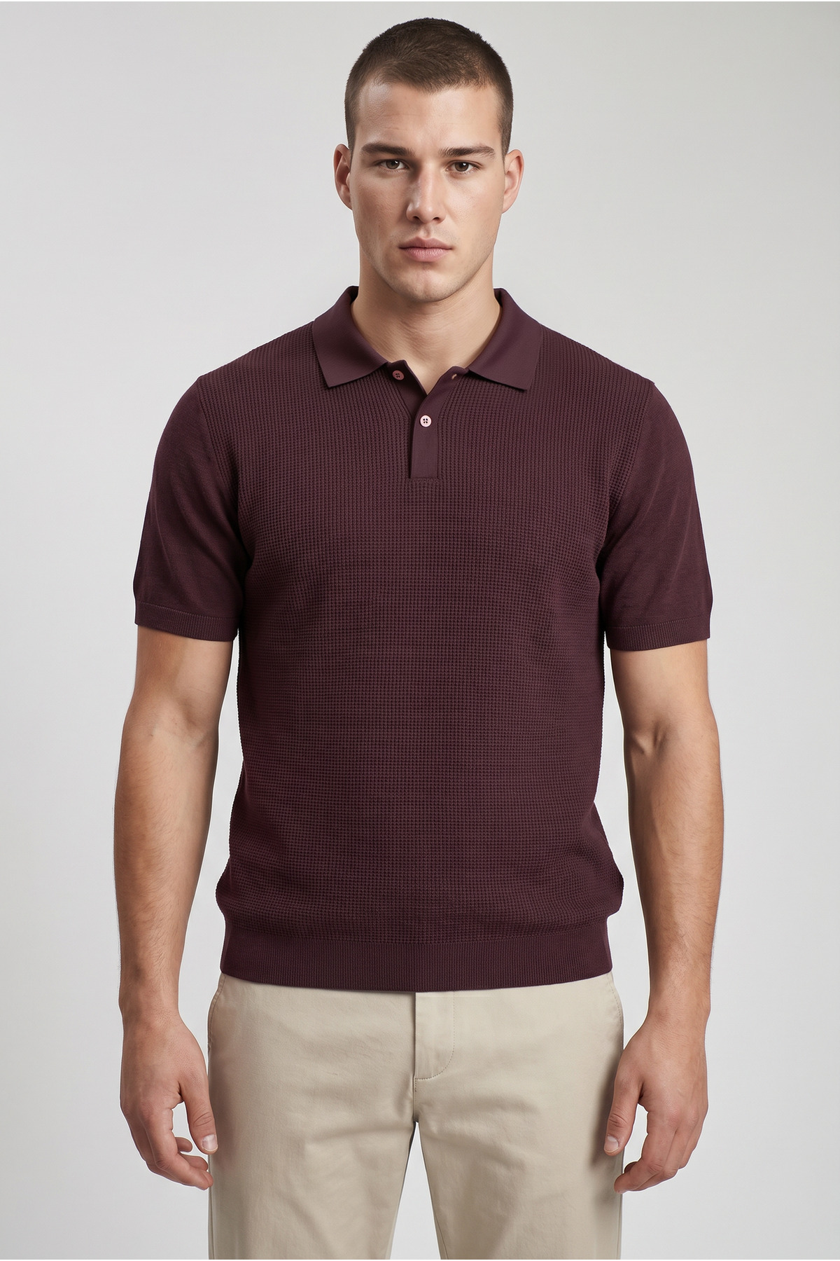 MODASPARK Burgundy Men's Polo Collar Buttoned Short Sleeve T-Shirt