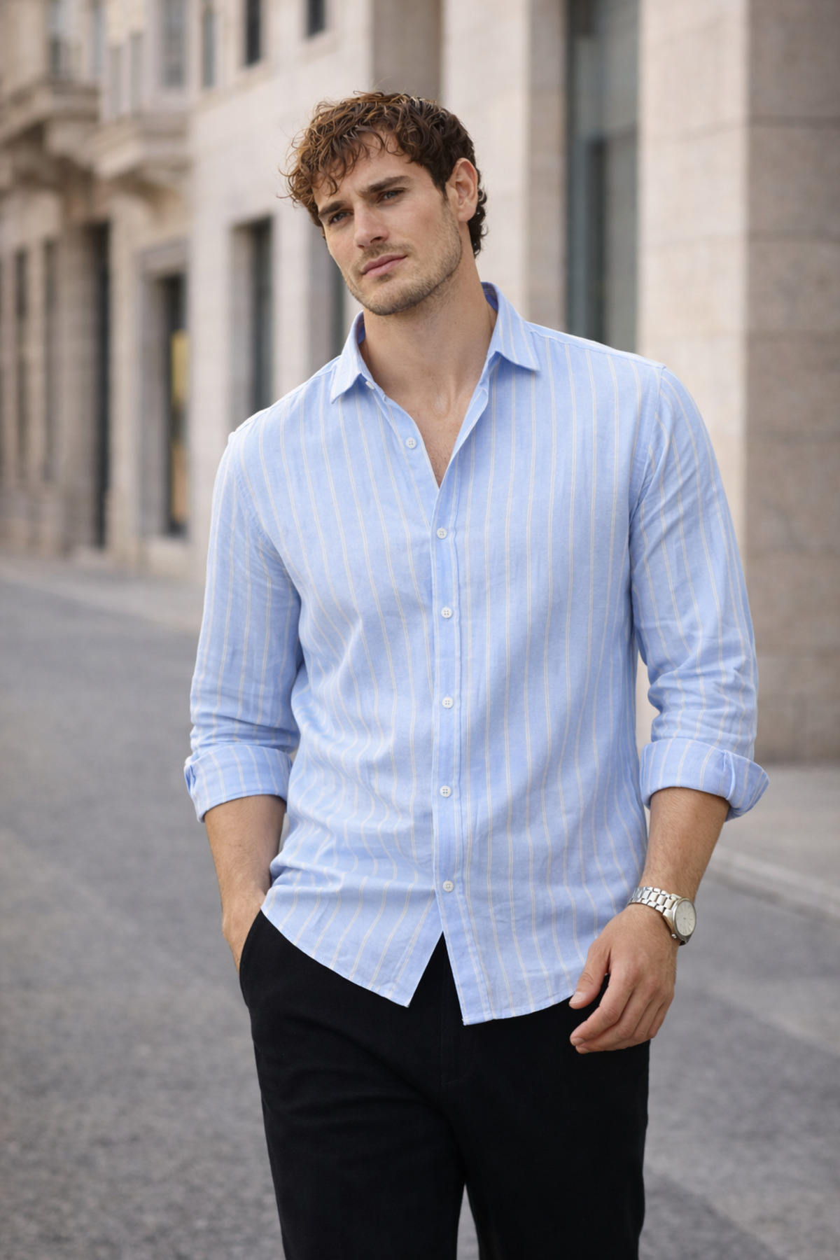 پیراهن مردانه راه راه اسکورسیزی مدل Relaxed Fit - آبی یخی  پیراهن Valiberta
