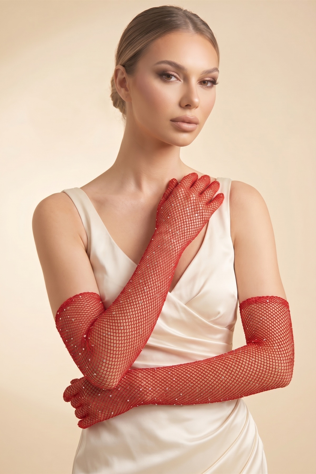 Elegance Scarf Uzun File Taşlı Eldiven Kırmızı Abiye Davet Gece Parti Söz Kına Nişan Mezuniyet görsel 6