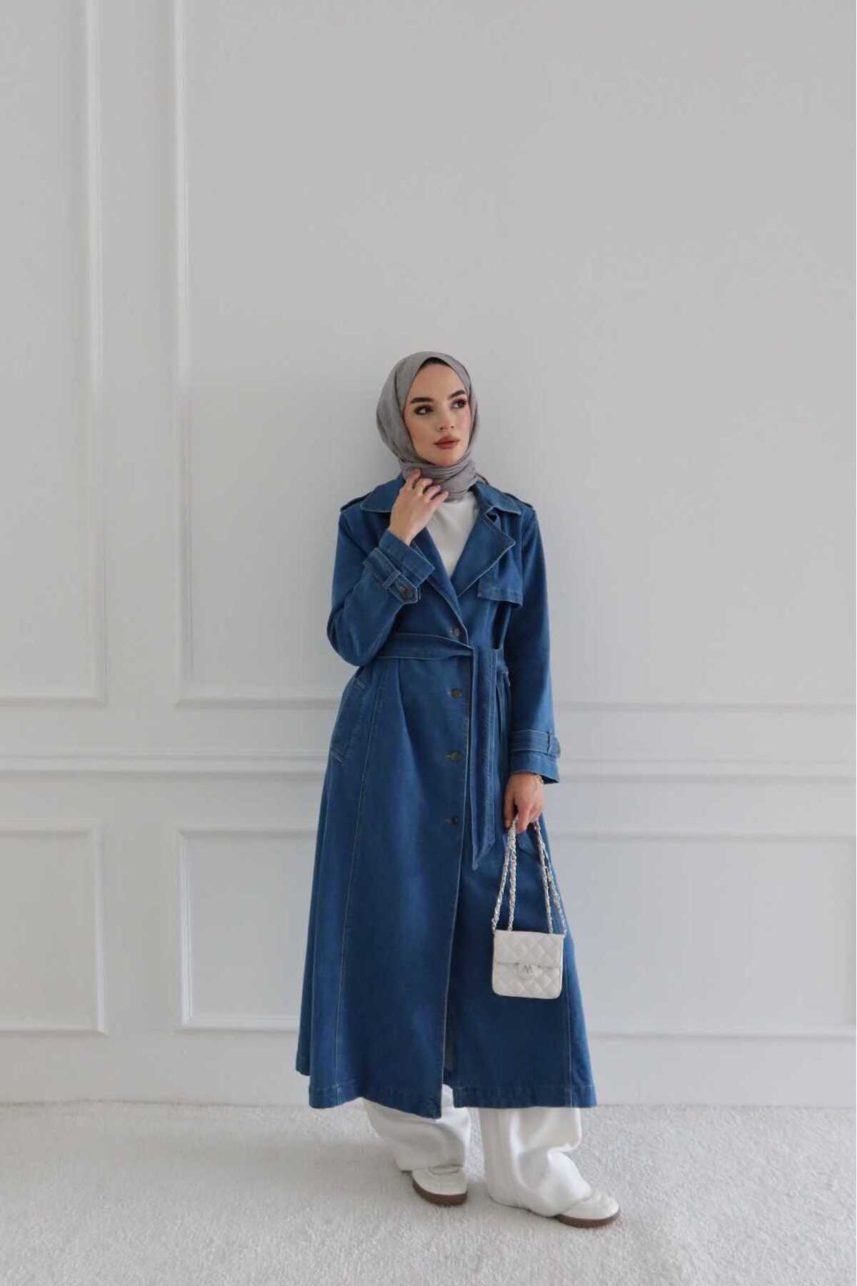 Neways 6458-Denim Allerli Trench Coat Blue- Trendyol