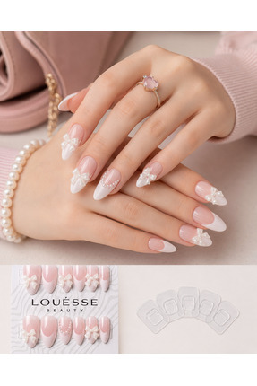 Louesse Beauty Louésse Blush Bow Takma Tırnak 12’li – Pembe Kurdele İnci Deta...