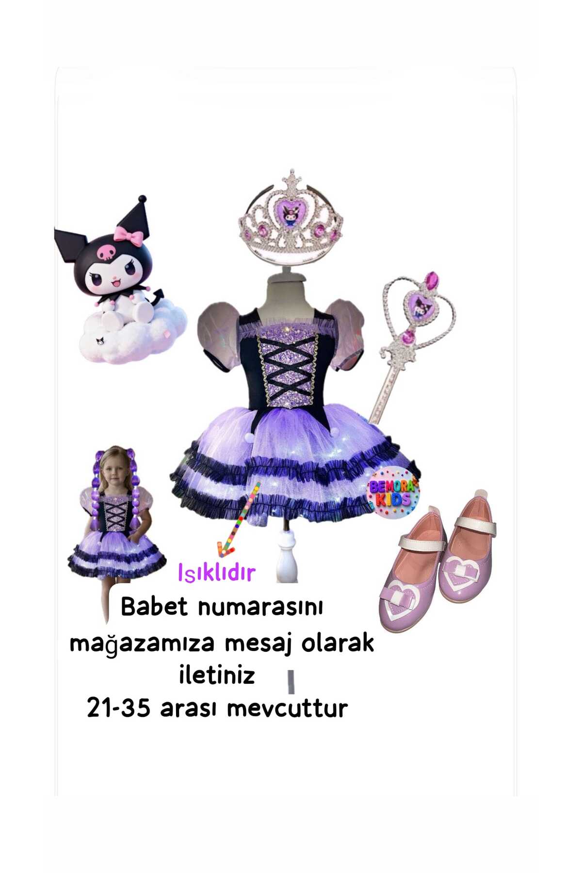 3b kids kuromi ışıklı elbise kostüm kuromi babet taç asa doğum günü hediye set