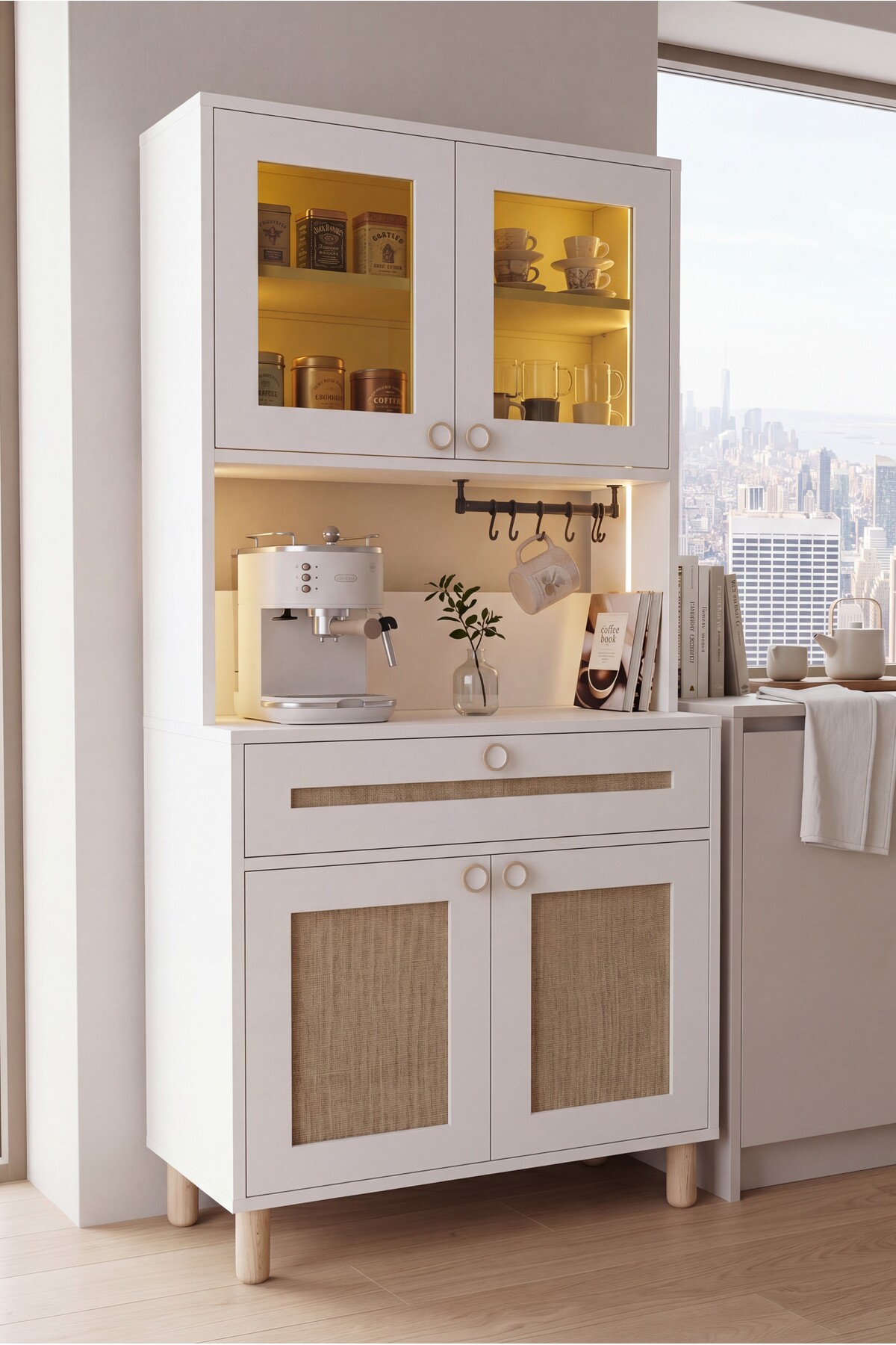 Ambiance Coffee Corner | Led Illuminated Cabinet | Tempered Blackout Glass and Jute Fabric MDF Cover