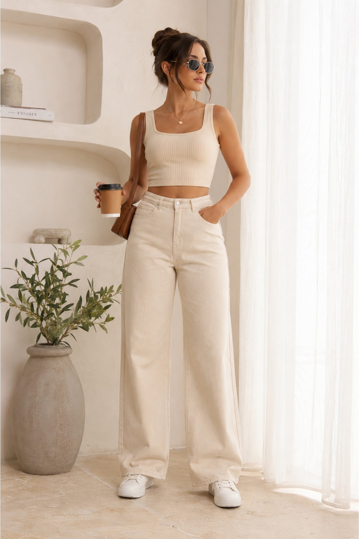 ZÉRIA Women's Lycra Cream Palazzo Jean Trousers High Waist Wide Leg Comfortable Fit Daily Stylish