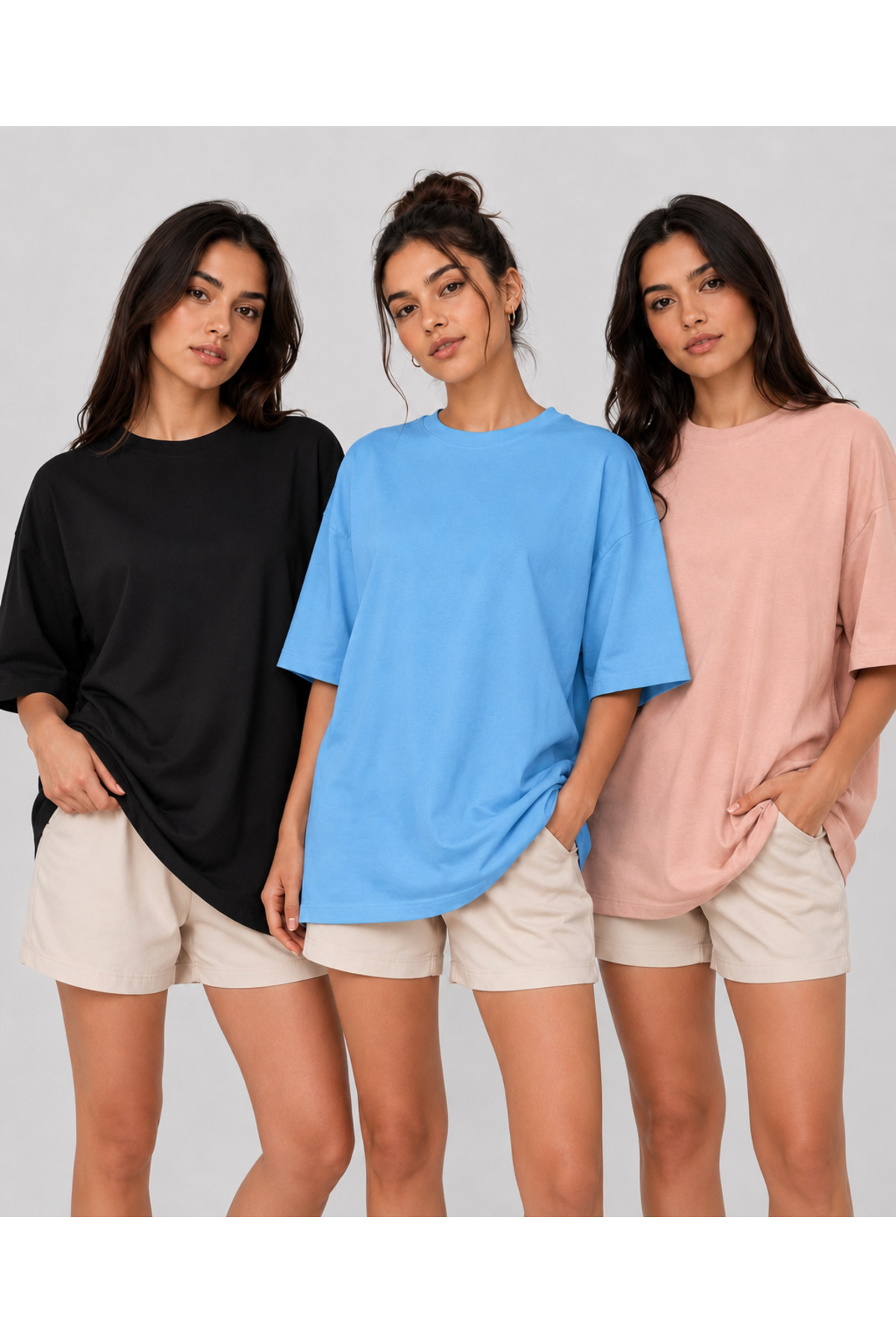 3-Piece Set Oversize 100% Organic Cotton Round Neck Wide Cut T-Shirt
