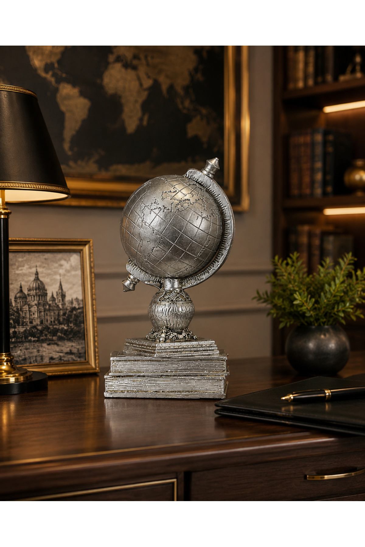 World Globe Gift Polyester Cast Trinket with Decorative Silver Book