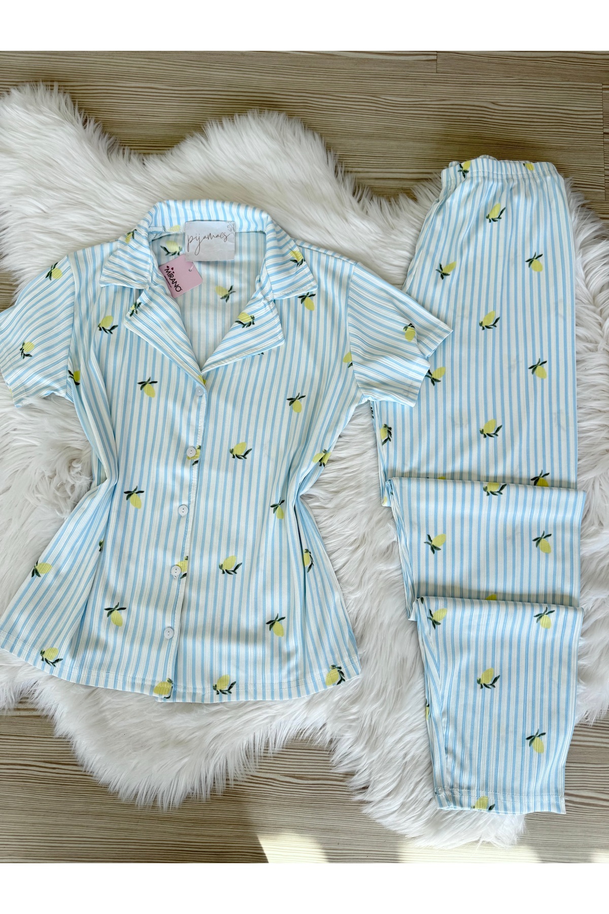 Pijamacs Mavi Çizgili Limon Desenli Kısa Kol Pegasus Pijama Takımı görsel 8
