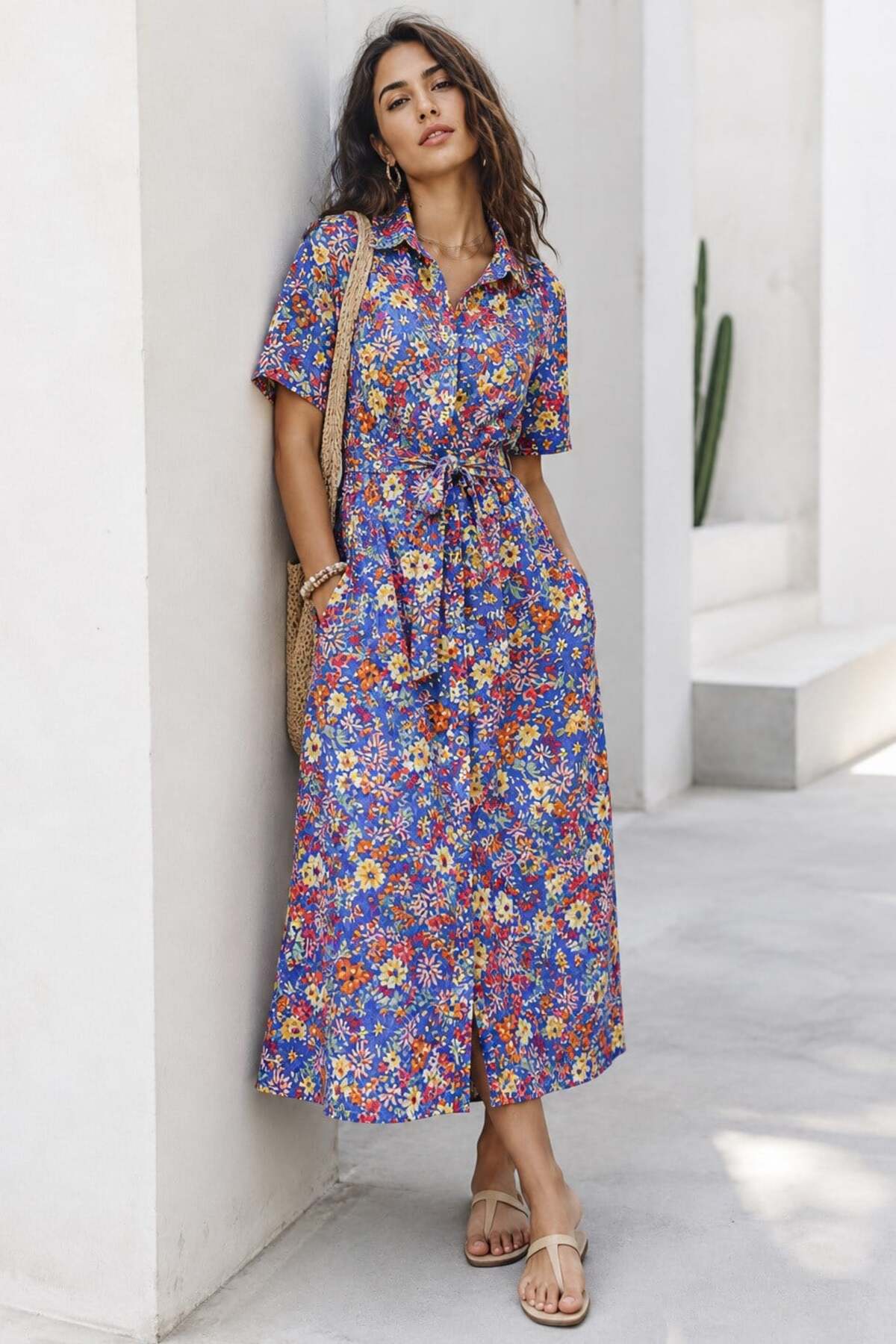 Madmext Blue Floral Print Shirt Collar Midi Dress Mg1821