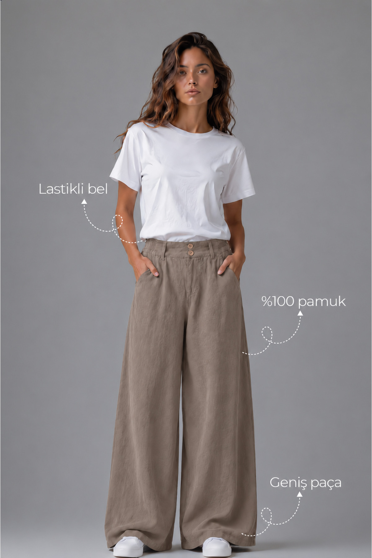 Denvy Denim Kadın Sütlü Kahve Çift Düğme Detaylı Palazzo Pantolon görsel 2