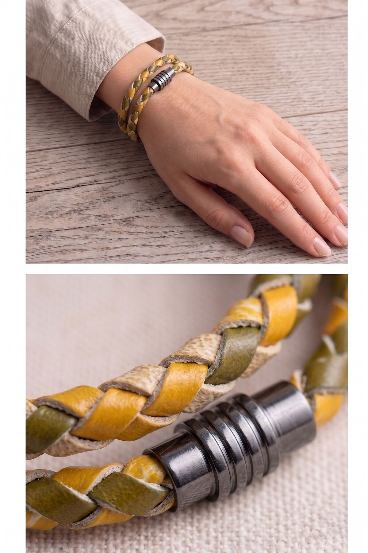 Green Yellow Genuine Leather Magnet Closed Knit Bracelet