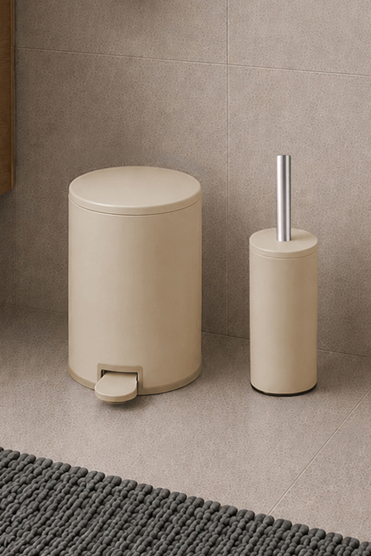 Cigo 2-Piece Bathroom Set Steel Trash Can + Toilet Brush - Matt Beige