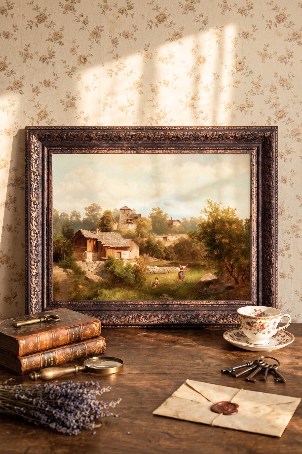 Alpine View with Villagers - Vintage Patterned Frame - Thick Model