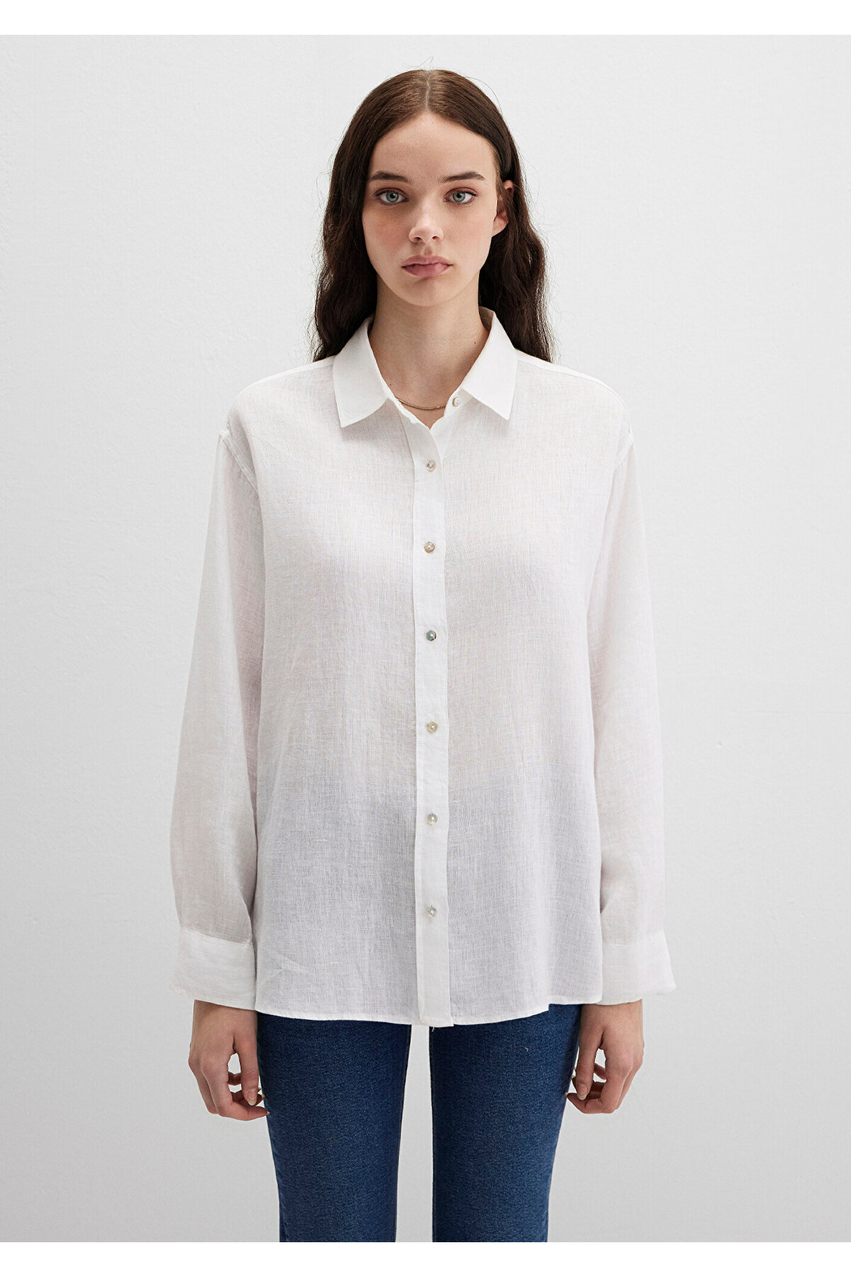 Mavi  Beyaz Keten Gömlek Loose Fit / Bol Rahat Kesim 1210747-620 - Görsel 3