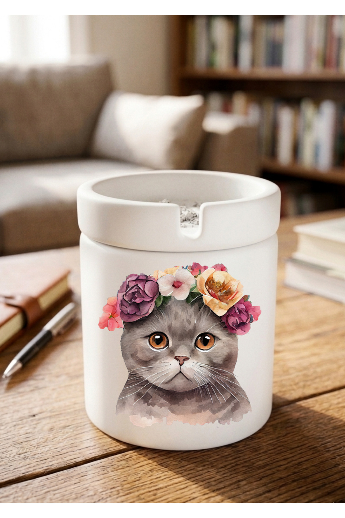 Floral Cat Printed Custom Design Printed Ceramic Ashtray Unscented Cullet-1
