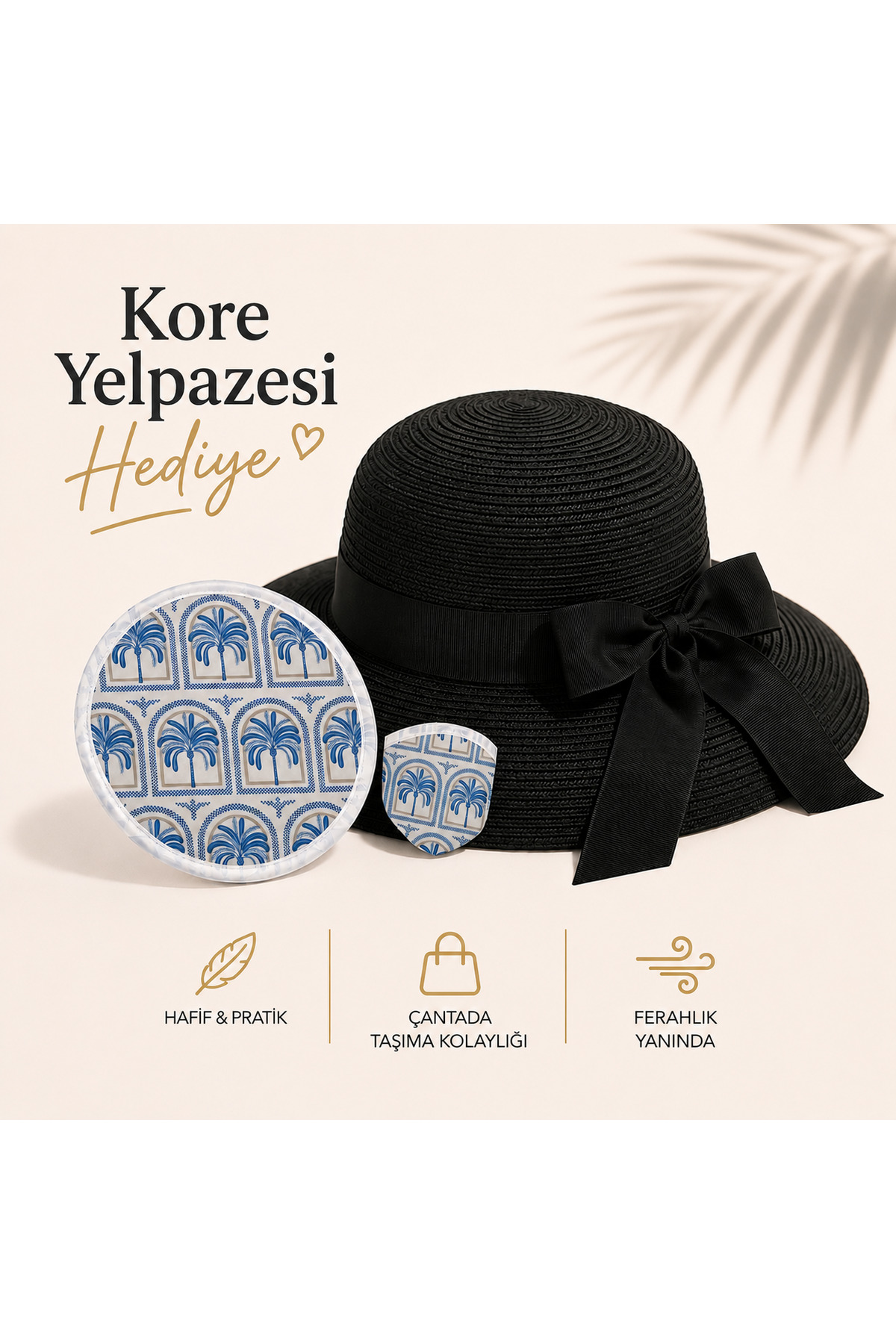 AGAPI Siyah Hasır Kadın Güneş Şapkası Fiyonk Detaylı, Kore Yelpazesi Hediyeli Yazlık Plaj ve Tatil Şapkası görsel 2
