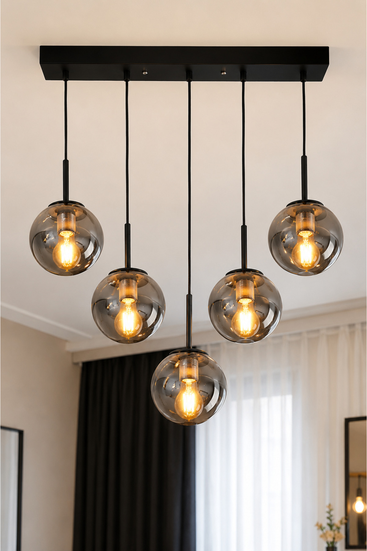 Feris 5-Piece Inline Pendant Dining Table Top Chandelier Modern Metal with Black SMOKED Globe Glass || Chandelier Models Glass Chandelier Living Room Chandelier Lamp Lighting