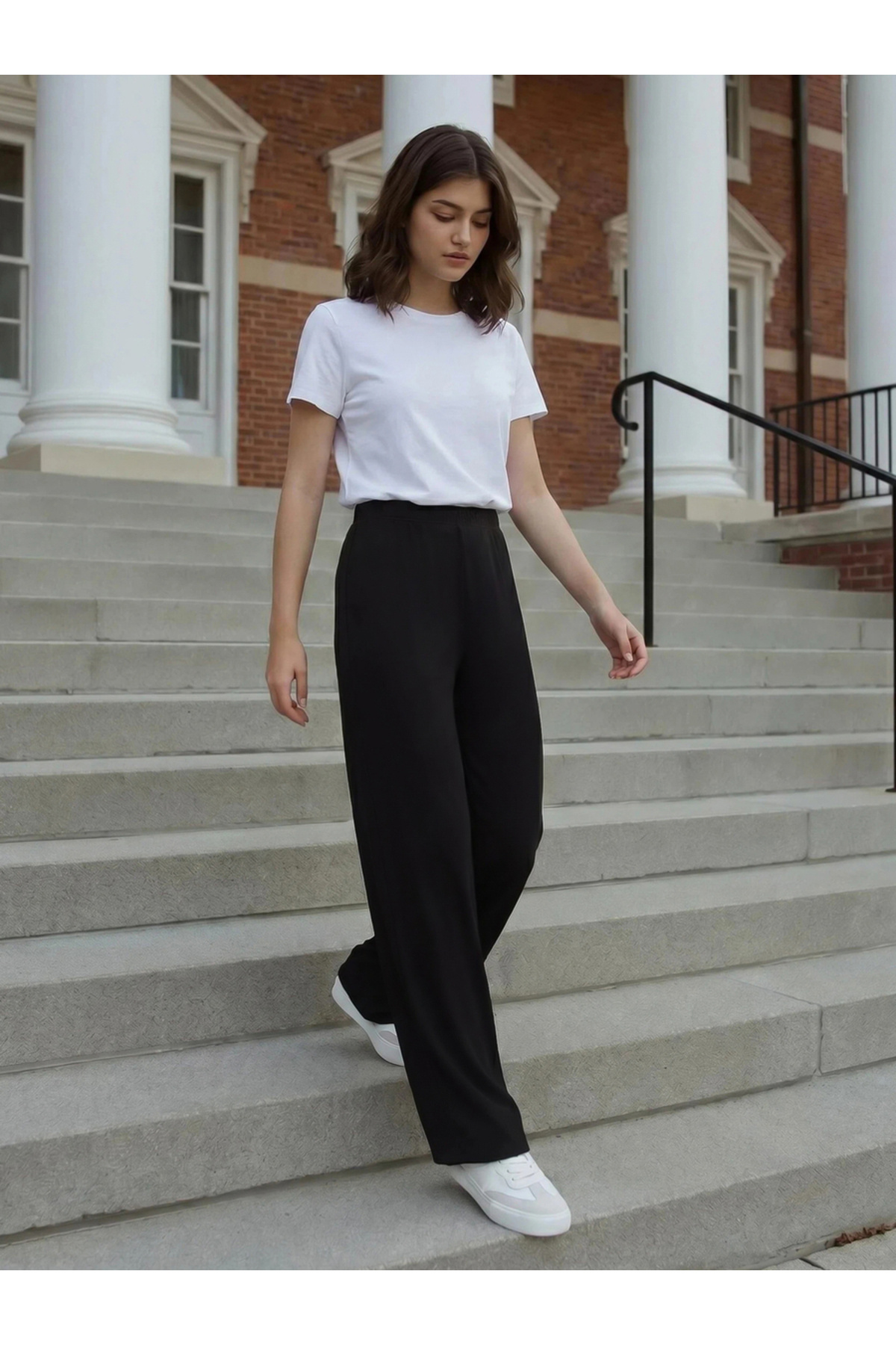 Styli Ribbed Wide Leg Pants with Elastic Waistband
