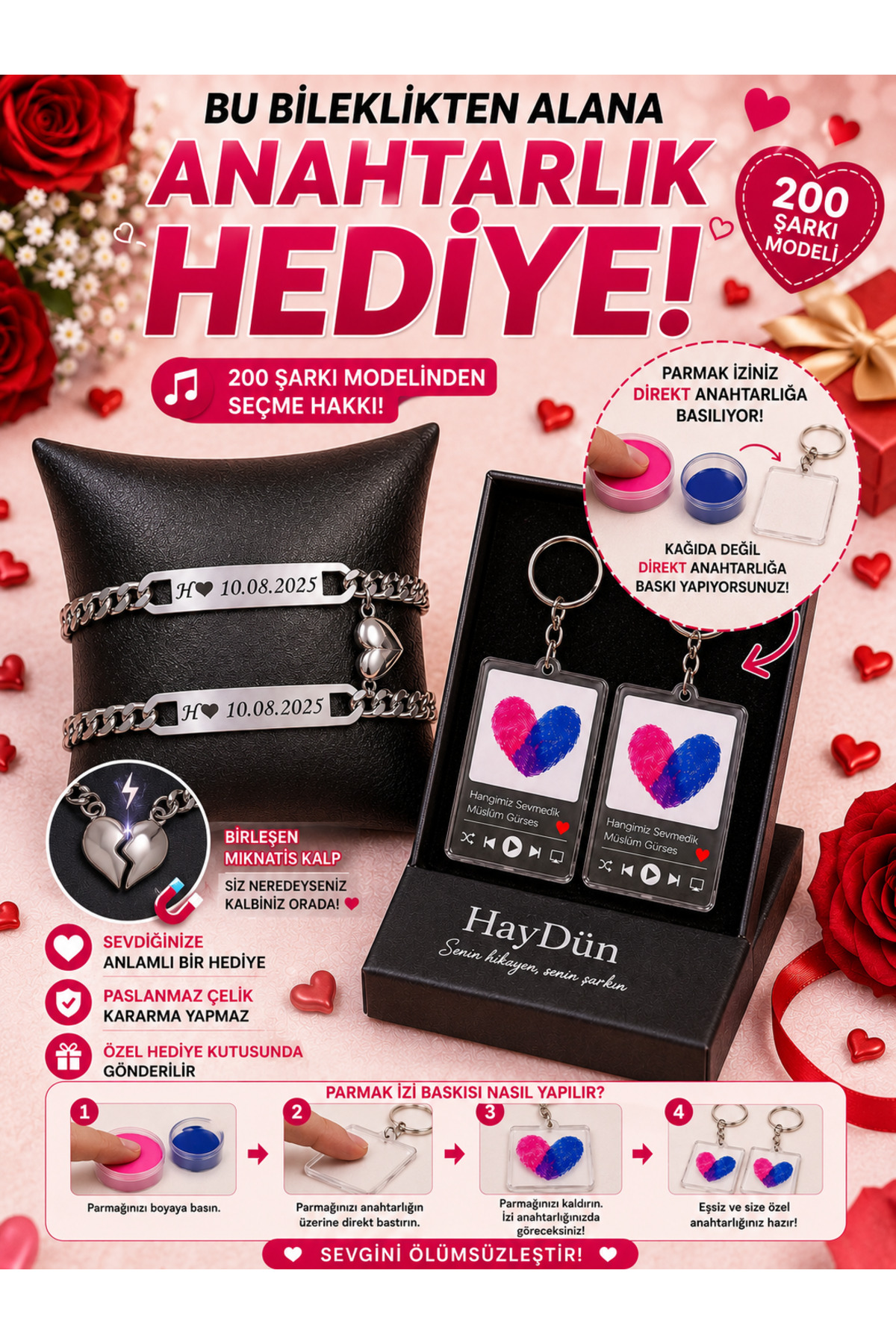 HayDün İsim tarih yazılı sevgili arkadaş Çift Çelik Bileklik seti 2 li Hediyeli sevgililer günü hediyesi