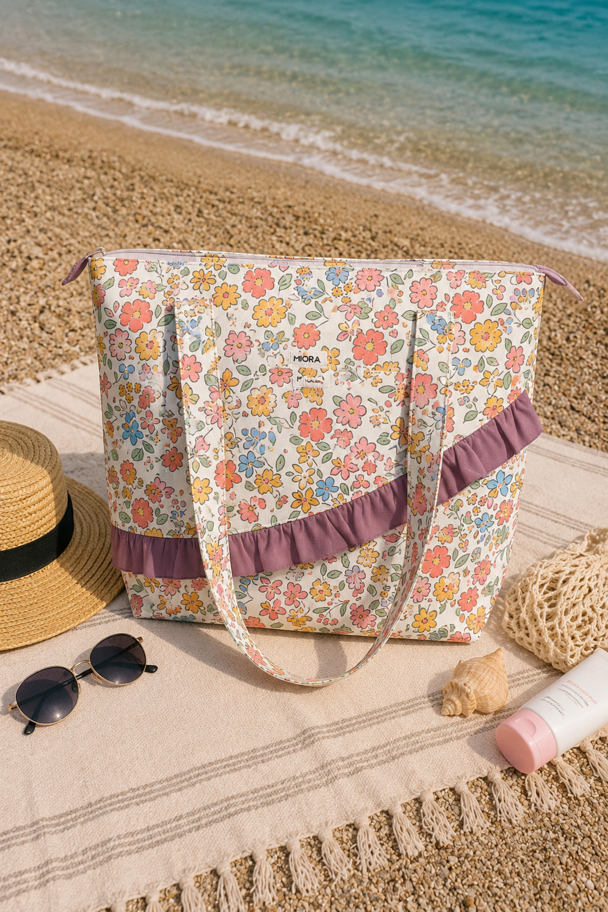 MIORA BAG Mor ve Çiçek Kombinasyonlu Fırfır Detaylı Plaj Çantası- Duck Kumaş