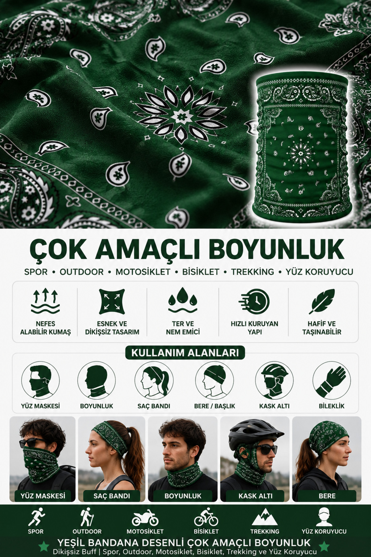 FG KONNİCHİWA Bandana Siyah Etnik Bandana Yüz Maskesi ve Boyunluk ve Günlük ve Motosiklet Kullanımı UV Korumalı Çok Amaçlı Boyunluk görsel 2