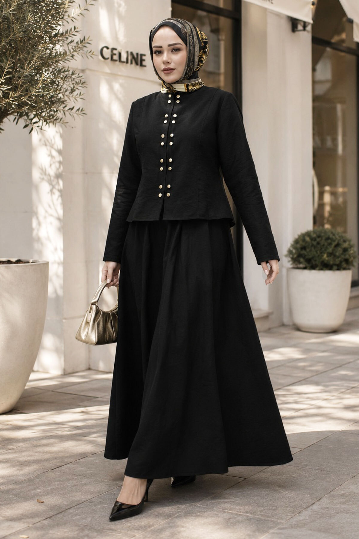 Tesettür Dünyası Gold Snap Fastener Skirt Set Tsd260156 Black