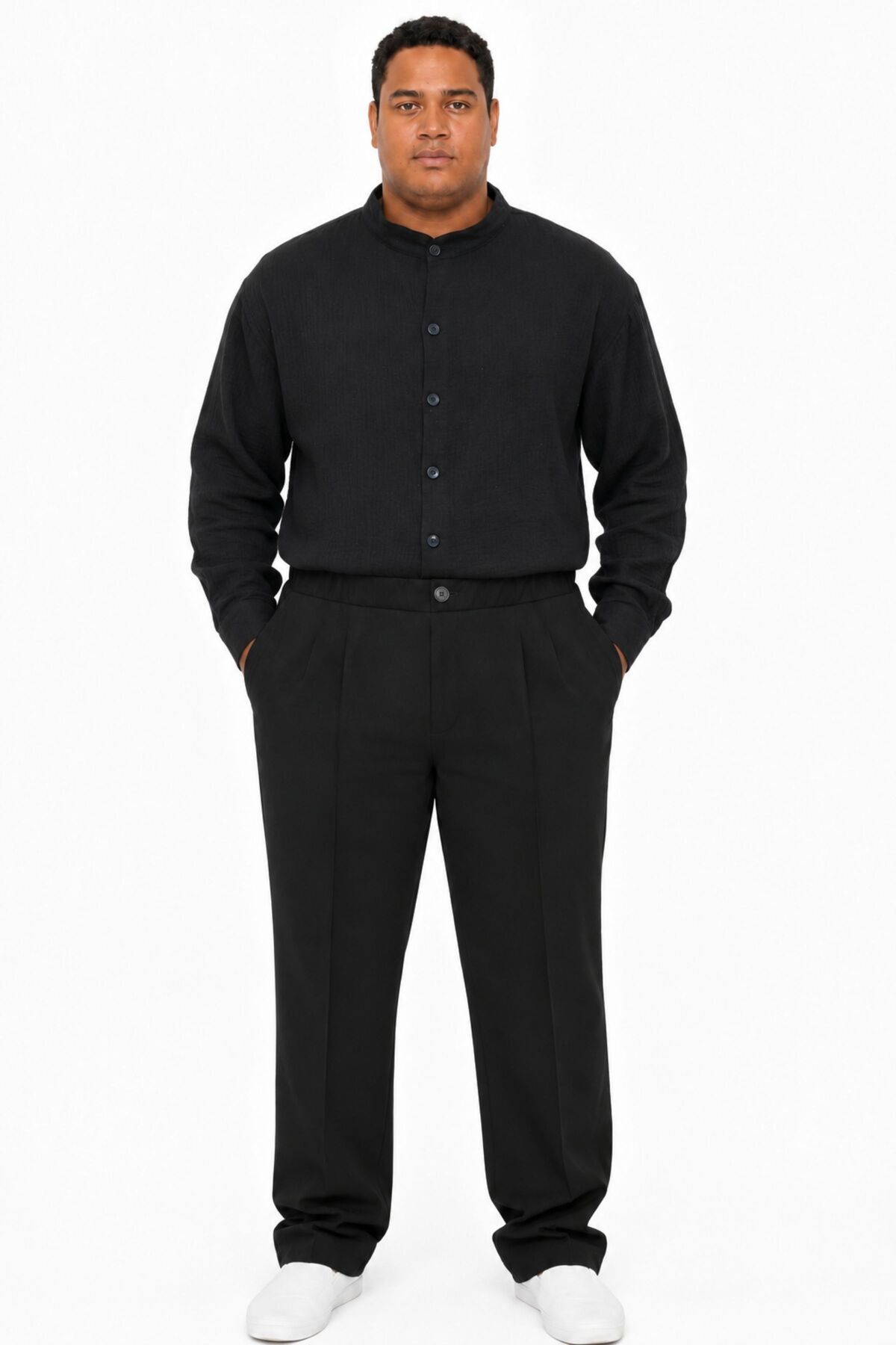 RELAXL 2XS-10XL %100 Pamuk Hakim Yaka Siyah Müslin Gömlek görsel 4