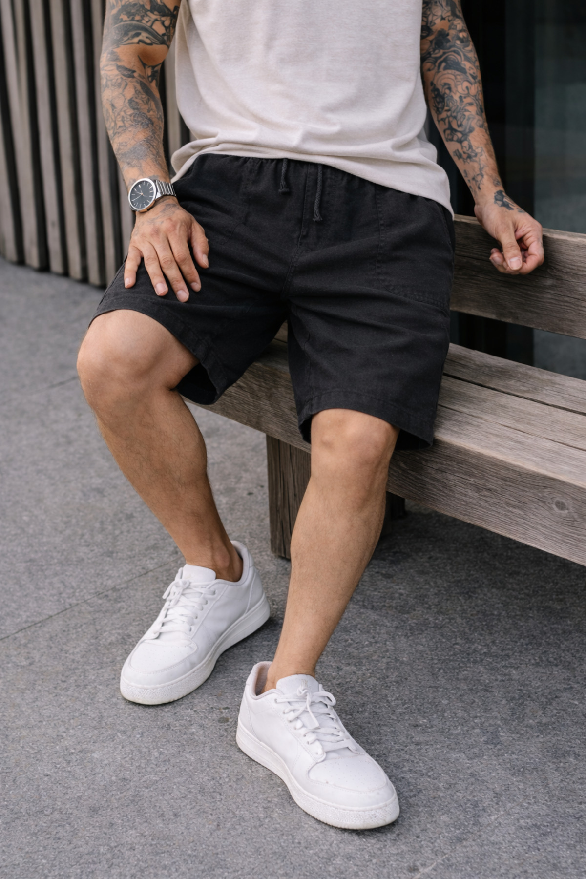 DAMGA JEANS Erkek Trend Düşük Bel Kargo Cepli Bol Siyah Keten Şort görsel 5