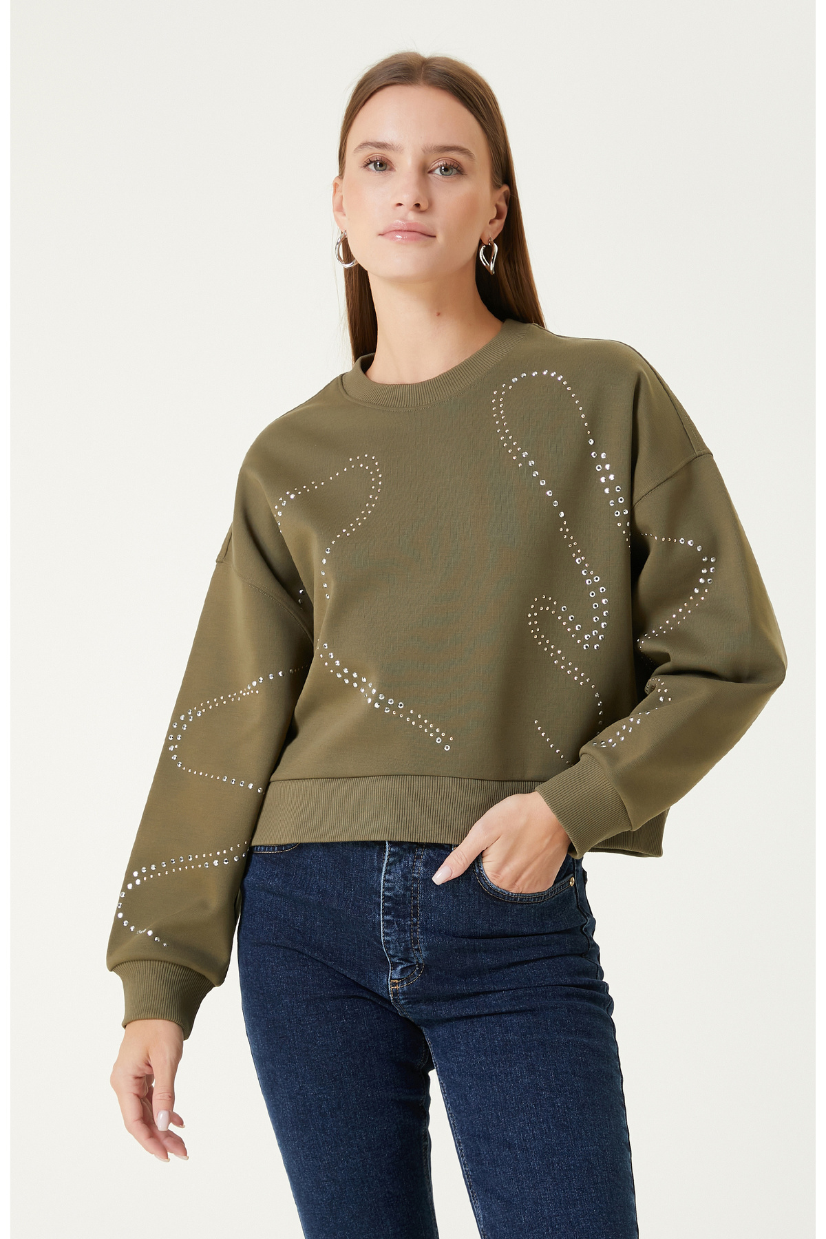 Network Haki Taş Baskılı SweaTshirt