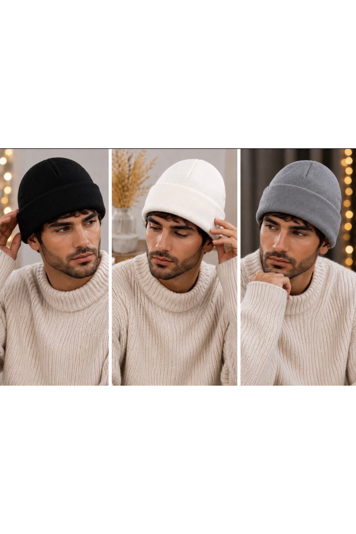 KAR-KIŞ ACCESSORIES UNISEX Siyah-Beyaz-Gri LUX 3’LÜ BERE SET görsel 4