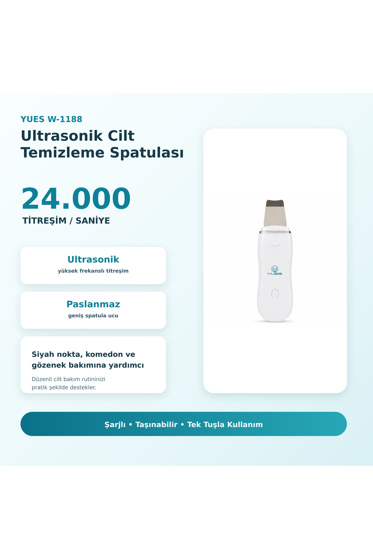Ultrasonik Yüz Temizleme Spatulası, 24.000 Titreşim, Siyah Nokta & Gözenek Temizleyici, Şarjlı, Paslanmaz Uç — سفید YS-UYT — تصویر 4 از 9