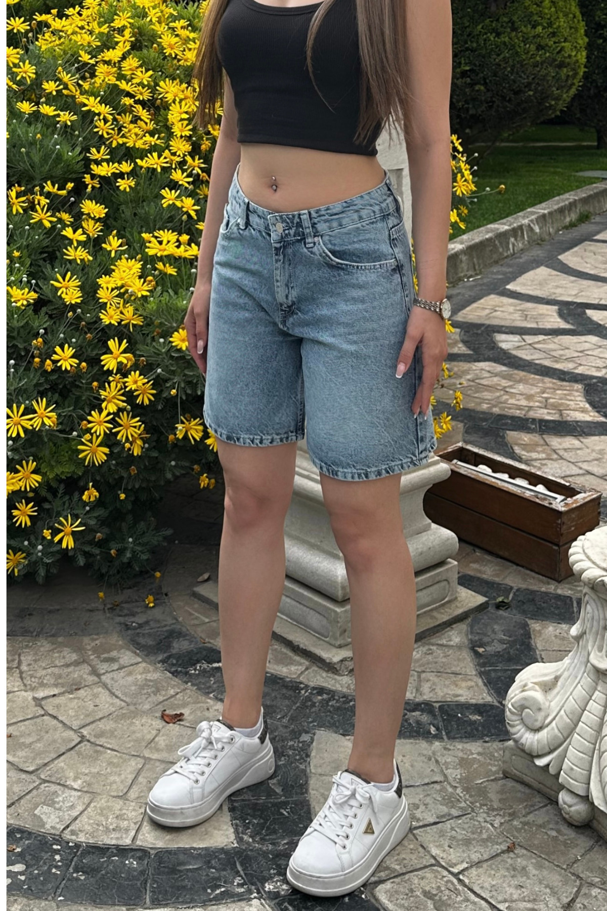 Kadın Vintage Efektli Yüksek Bel 5 Cepli Straight Fit Şort Jeans koyu mavi 3
