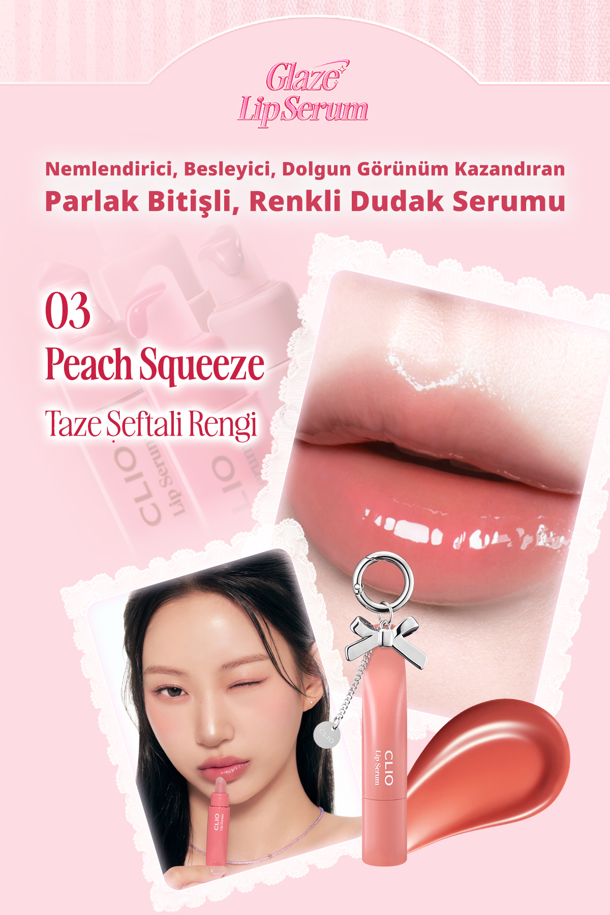 سرم لب گلیز شماره 03 مدل Peach Sque - یک سرم لب حجیم کننده، روشن کننده، مغذی و رنگ دهنده. — تصویر 3 از 9