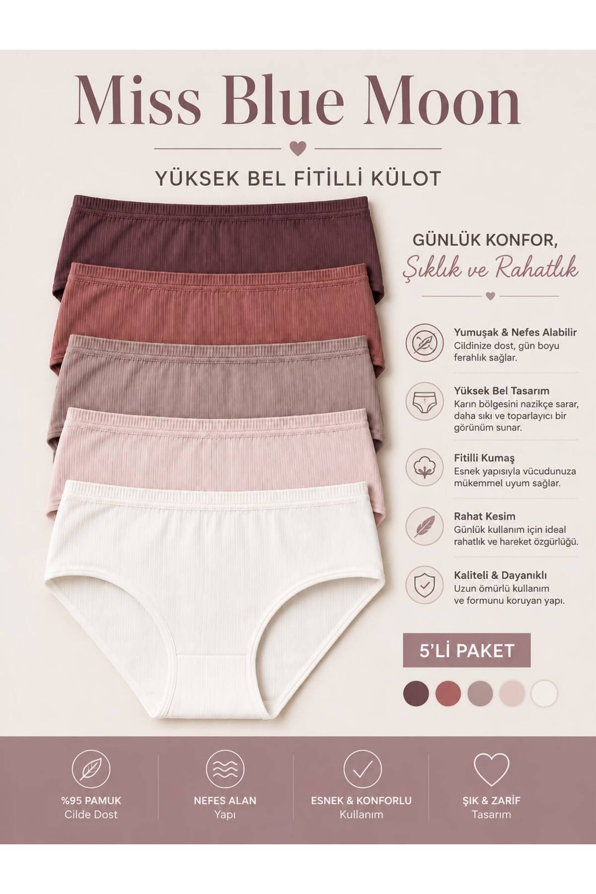 missblue moon Kadın Fitilli Ribana Külot 5'li Paket Pamuklu 5450