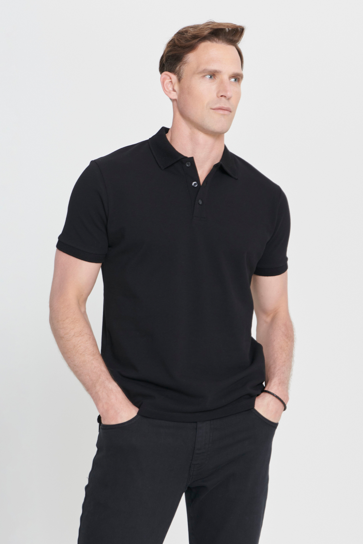 ALTINYILDIZ CLASSICS Erkek Siyah %100 Pamuk Kıvrılmaz Pike Polo Yaka Slim Fit Dar Kesim Tişört görsel 7