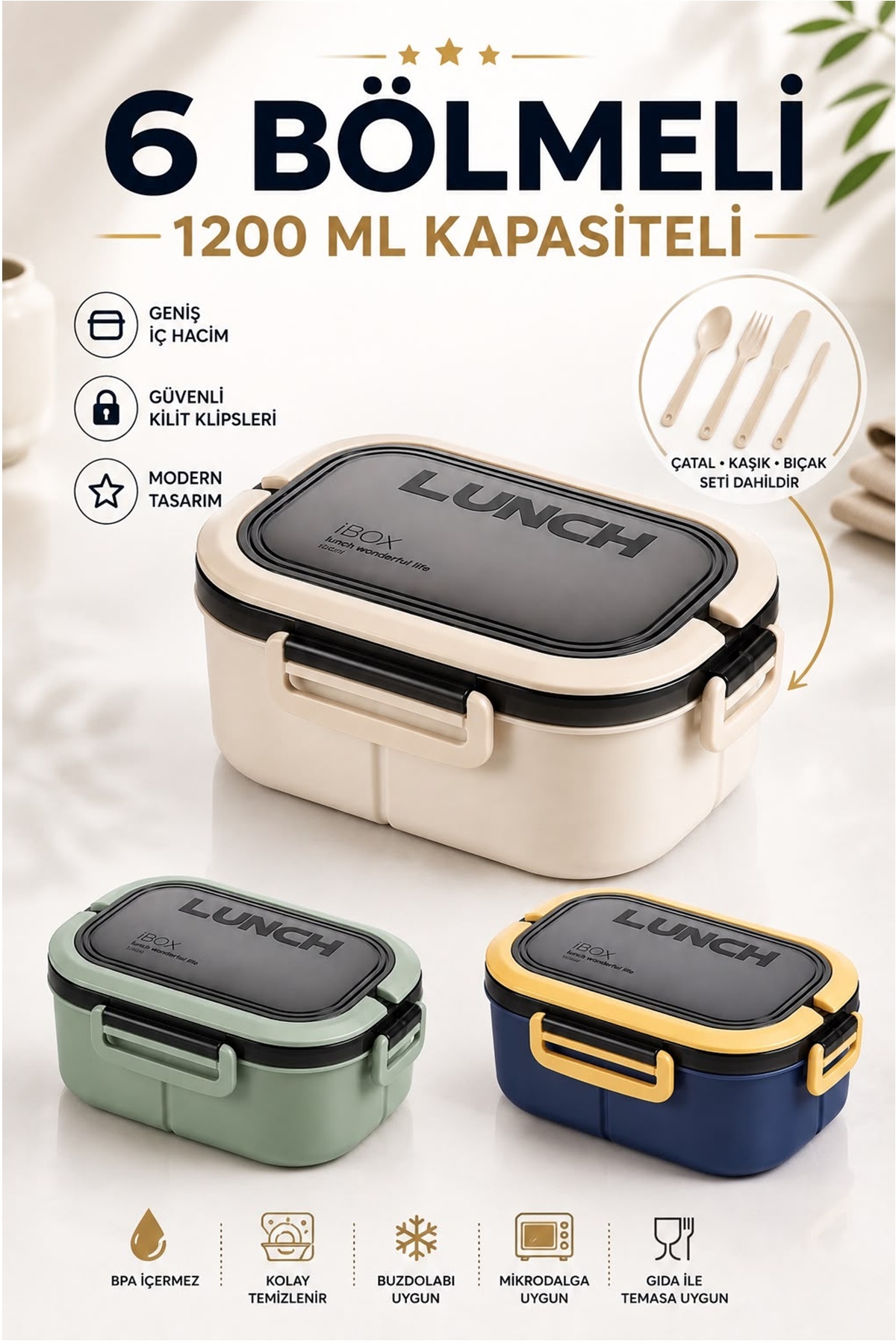 1200ml 2 Katlı 6 Bölmeli Beslenme Çantası Lunch Box,Saklama Kabı Çatal Kaşıklı Sefer Tası Sızdırmaz