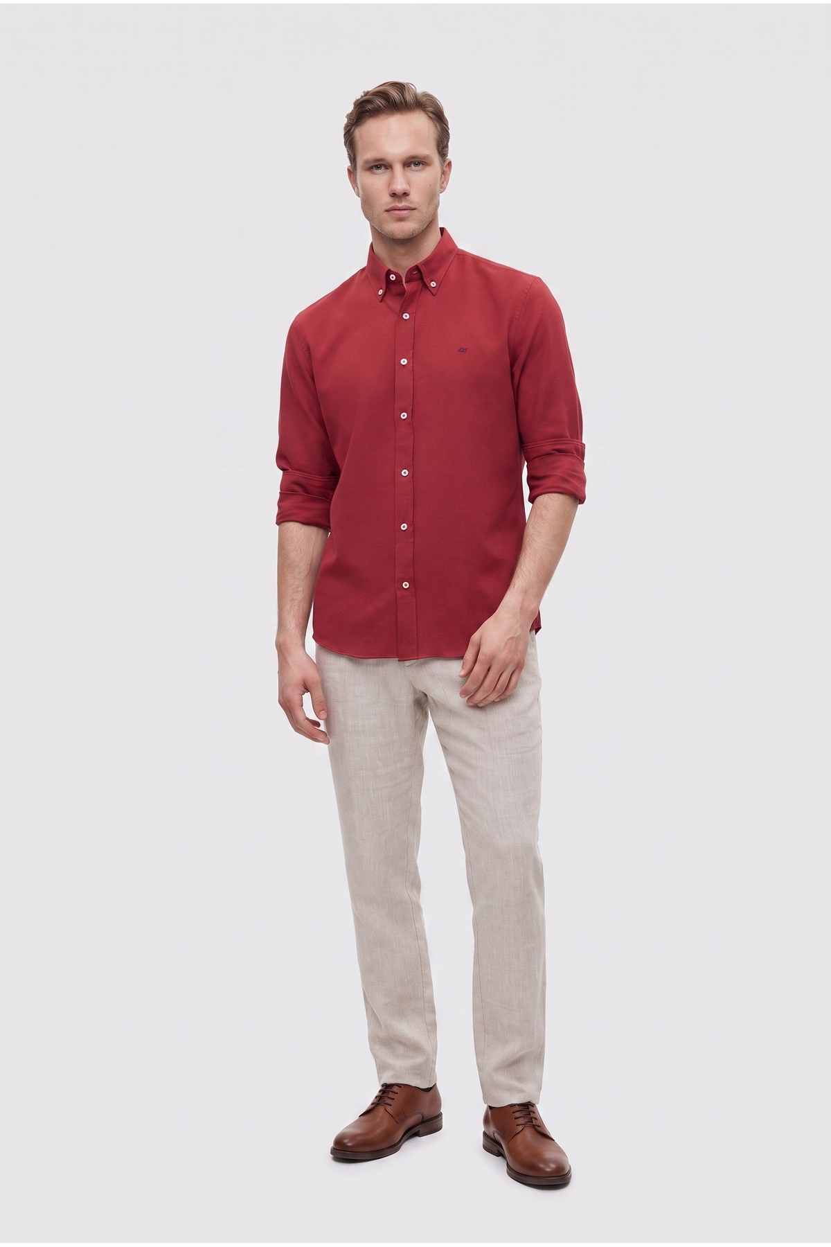 D'S Damat Ds Damat Slim Fit Bordo Oxford Düğmeli Yaka Kolay Ütülenebilir Nakış Detaylı Pamuklu Gömlek görsel 4
